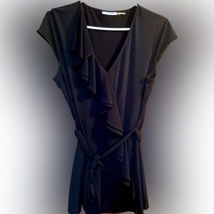 Calvin Klein black size L v neck soft frill down right shoulder to right hip